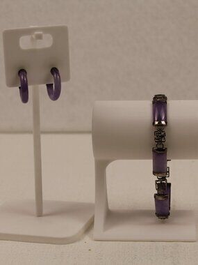 Vintage Lavender Jade Silver Character Link Bracelet Earrings Set